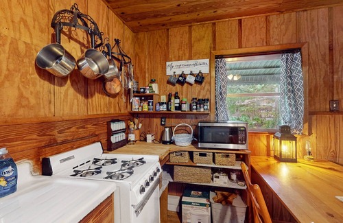 Bronson Cabin | 2 riverfront cabins with large yard, grill, firepit, canoe, & private W/D