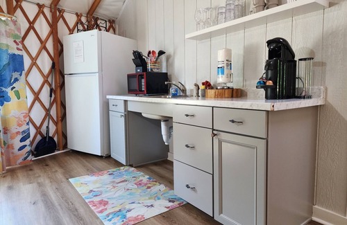 Mill Spring House | 30' ADA Yurt with a large deck, on the creek, full kitchen, dome skylight, dog friendly, 2 bedrooms, sleeps 5.