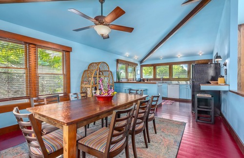 Hanalei House | Colorful home with Hanalei waterfall & mountain views, & AC in bedrooms