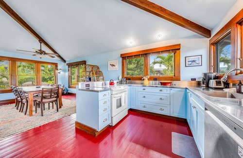 Hanalei House | Colorful home with Hanalei waterfall & mountain views, & AC in bedrooms