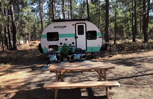 Goldendale RV Rental | Cute Lil Romantic Sunray in the Woods of Goldendale. Newer w AC, Queen Bed