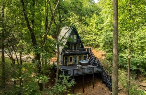 Cleveland Cabin | Falling Waters at Mustang Creek - A-Frame Lodge w/Hot Tub & Your Own Waterfall