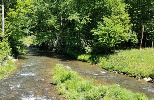 Helvetia RV Rental | Glarus - Riverside 36' RV, trout stream firepit