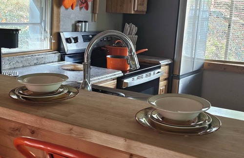 Tia Juana Cabin | Hot tub, boat dock and lakeside with this snug small cabin. TINY BEDROOMS