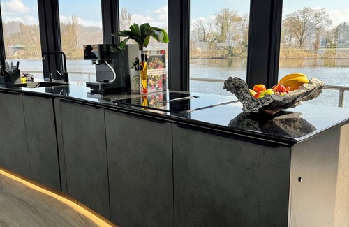 Werder Boat Rental | Luxury Floating Home Shanti 2 with fireplace & lakeside sauna