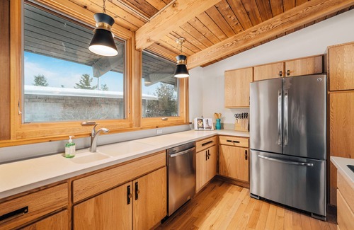 Northport House | Midcentury home, private beach, large deck with dining