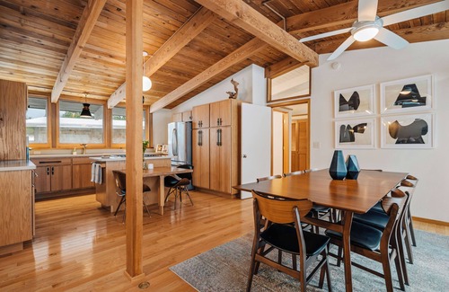 Northport House | Midcentury home, private beach, large deck with dining