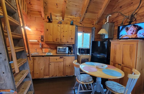 East Corinth Cabin | Modern log cabin with pond view available for rent in middle Maine.