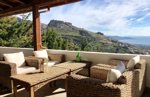 Grambia Villa | Panoramic Seaview Traditional Greek Mountain Villa with mature garden and pool