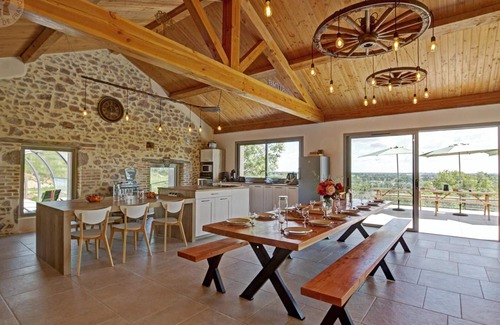 Sail-les-Bains Cottage | Renovated farmhouse, large living room, heated pool, single-story, 14 people