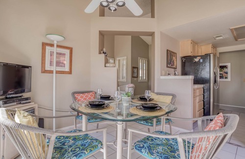 Palm Desert Condo | Single-level Palm Desert Resort gem, with BBQ, access to pool, spa, golf, tennis