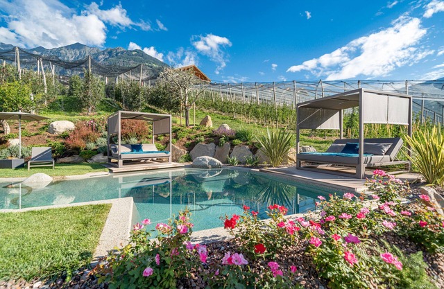 Apartment "Feldhof Apfeloase" with Saltwater Pool, Panoramic Lawn and Balcony