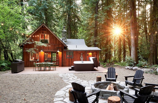 Barlow Haus is a cozy cabin nestled on 2 wooded acres at the base of Mount Hood.