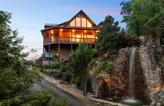 Elegant Waterfall Lodge with Stunning Views, Hot Tub, Fire Pit & Game Room