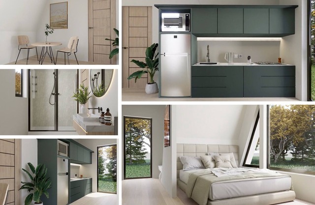 Luxurious, studio-styled, A-frame cabin nestled on the Woods & Co Weddings + Events property