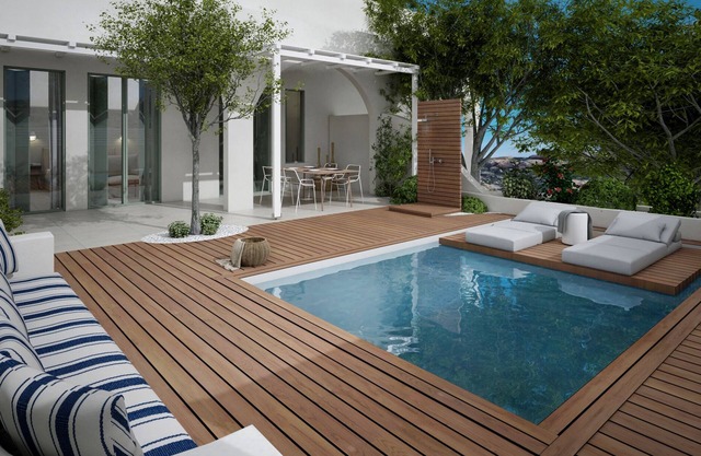 Open-plan suite with garden view and private plunge pool; breakfast included