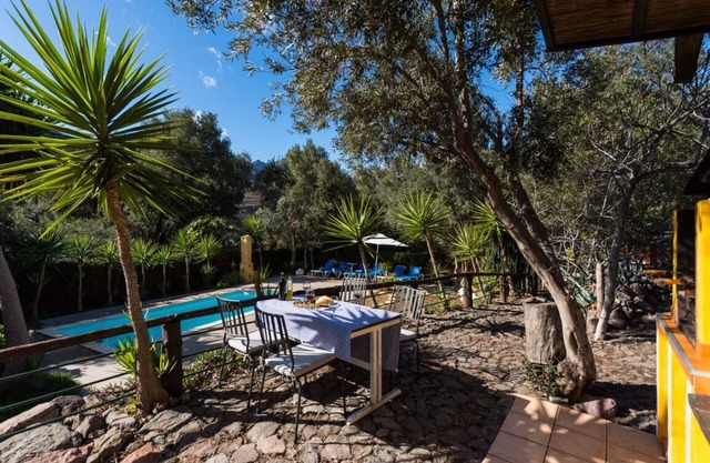 Rural finca between palm trees and mountains