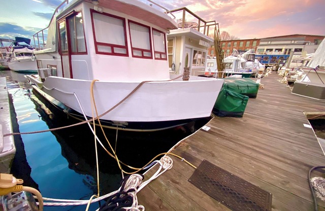 Vintage 1969 Boat on the Providence Marina near Brown University and RISD