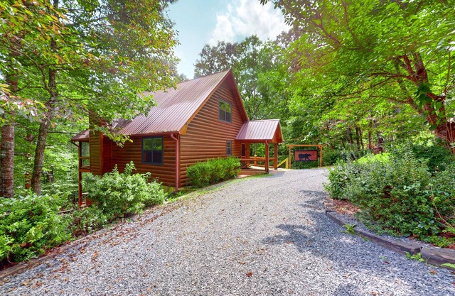 Wooded dog-friendly cabin with games, firepit, screened porch, & private hot tub