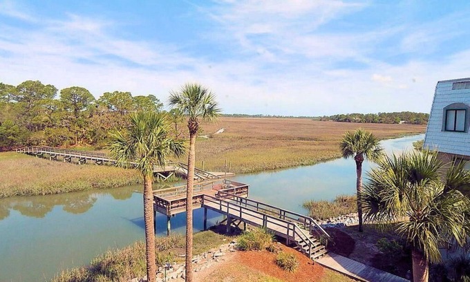 Saint Helena Island Condo | 180 Beach Club Villa - Resort Access and Golf Cart Included! Marsh and Sunset Views!