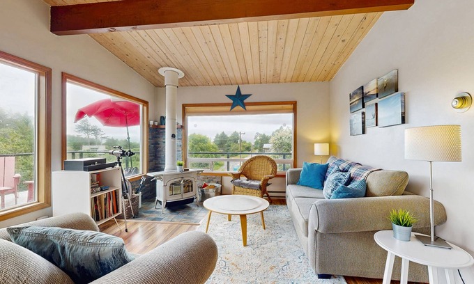 Neahkahnie Beach House | 2-story dog-friendly home with deck, gas grill, woodstove & ocean views