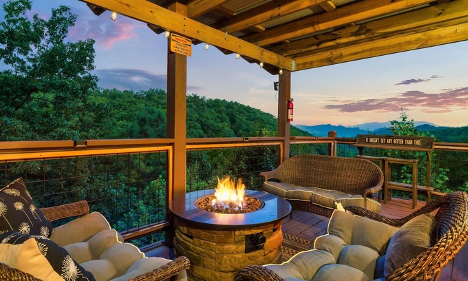 Gatlinburg - Pigeon Forge Cabin | Amazing Sunset Views! Hot Tub, 2 Fire Pits, Game Loft, Dogs Welcome!