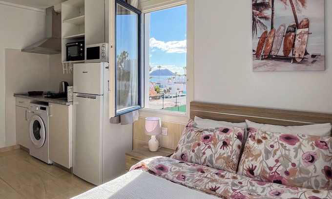 Corralejo Apartment | Beachside Studio, Ocean View, Large Terrace, 100m to Beach, Pool, Wifi