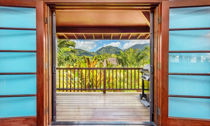 Hanalei House | Colorful home with Hanalei waterfall & mountain views, & AC in bedrooms