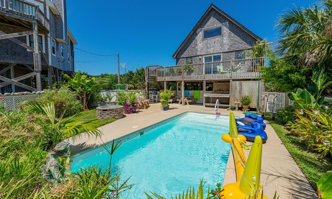 Buxton House | Dog-friendly home with private pool, firepit, fenced yard, covered patio, & deck