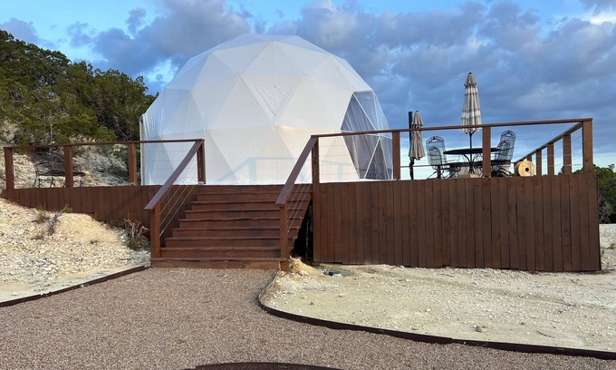 Pipe Creek RV Rental | Glamping Dome in the Hill country w/amazing views, private hot tub, & fire pit.