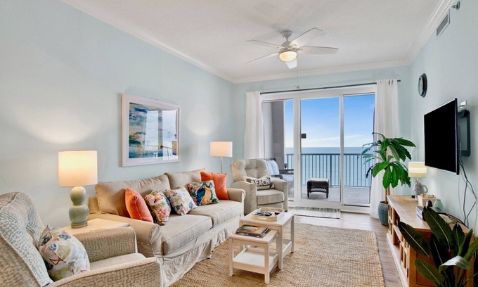 Gulf Shores Condo | Island Royale P304 | Direct Beach Front 2BD Condo! Outdoor Living Room Deck Set up!