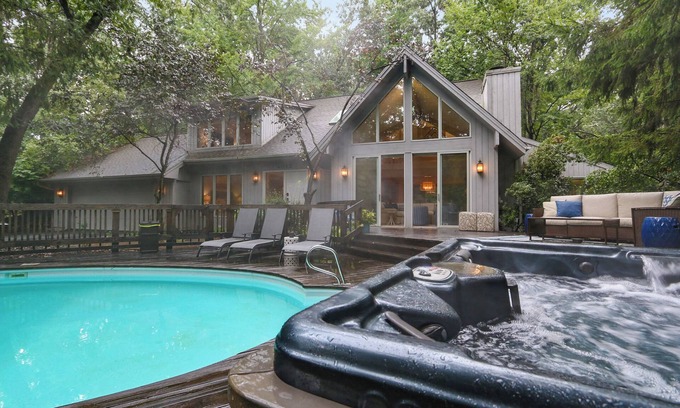 Michiana House | Juniper Presents: Treehouse Oasis w/Pool, Hot Tub, Fire Pit + Walk to Beach
