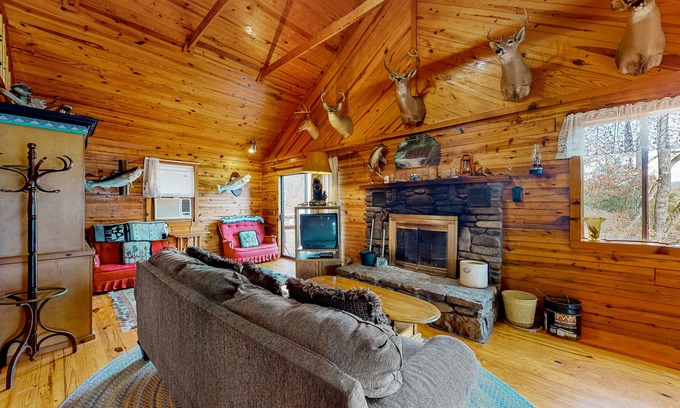Eureka Springs Cabin | Lakefront dog-friendly log cabin with private boat access, firepit, & grill