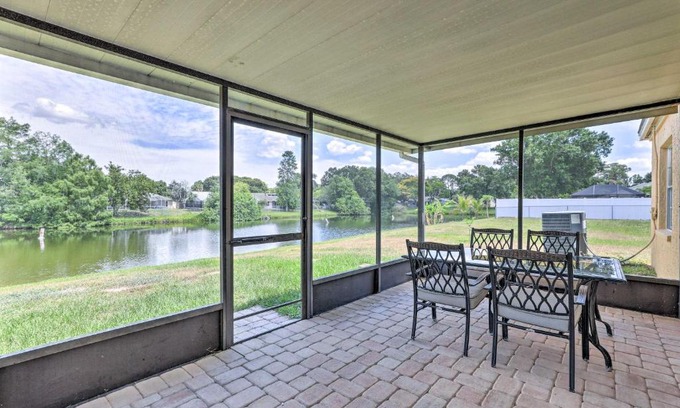 Trailer Estates House | Lanai and Pond at Tranquil Bradenton Retreat!
