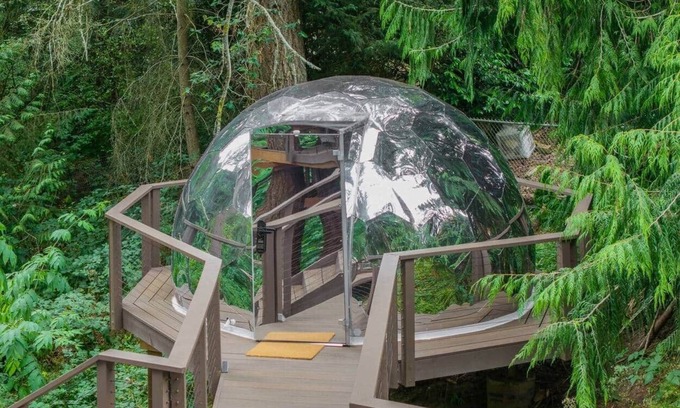 Silver Lake RV Rental | Mirror Dome · Reflective Luxury Glamping w/Hot Tub & Sauna in Forest Retreat
