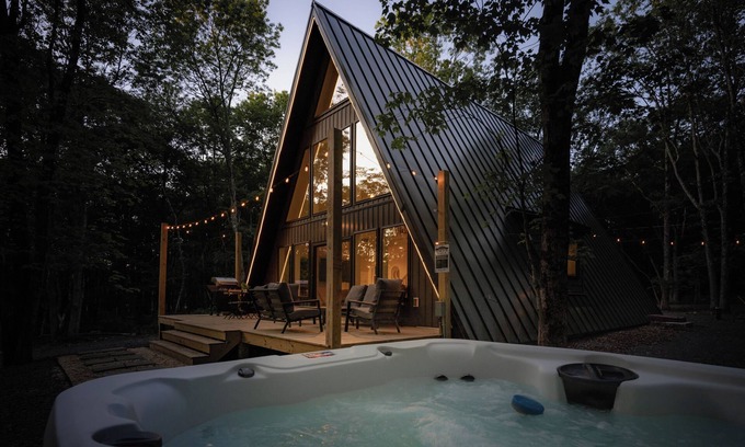 Albrightsville Cabin | Modern Luxury A-Frame in Woods w/Hot Tub, Sauna, Arcade, Gas Fireplace, Games