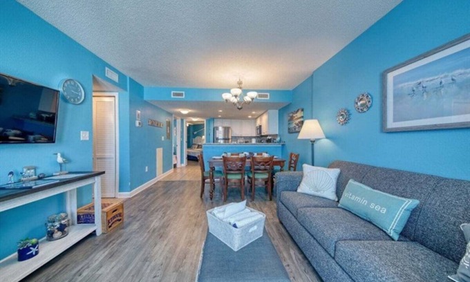 Myrtle Beach Condo | Oceanfront Bliss – Bright Blue Condo with Balcony & Beach Views