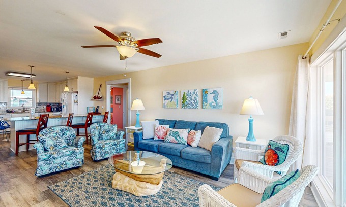 Topsail Beach House | Oceanfront home with beach access, ocean and beach views, foosball table, deck