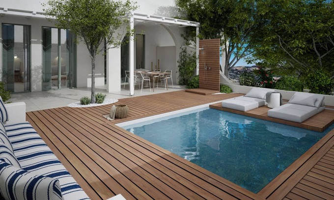 Agios Prokopios Apartment | Open-plan suite with garden view and private plunge pool; breakfast included