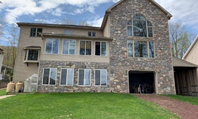 Drums Ski Chalet | Pocono Area Lakefront Estate, GREAT FOR KIDS, Pontoon boat for rent, game room.