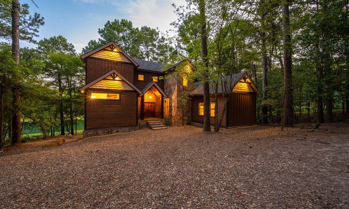 Broken Bow Cabin | Stunning oversized porch overlooking Pine Lake. Jacuzzi hot tub, outdoor see through fireplace!