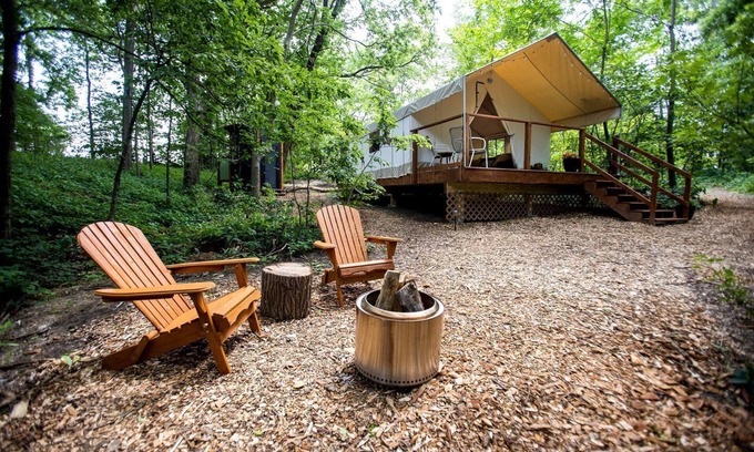 Saylorville RV Rental | Stunning Tented Cabin with Fire Pit in Des Moines, Iowa