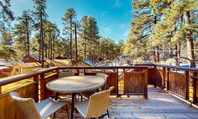 Mountainaire House | Two-story home with sunroom, large yard, fire pit, & BBQ grill