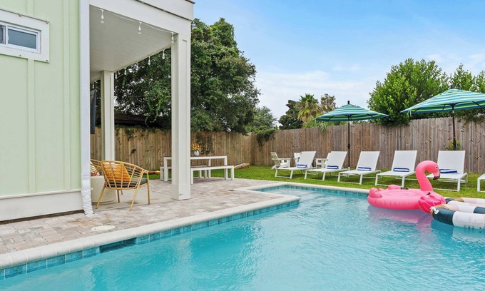 West Panama City Beach House | Walk to Beach|Free Heated Pool, Fire Pit, Theater