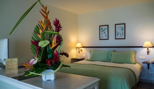 Junior room ocean view double bed and sofa